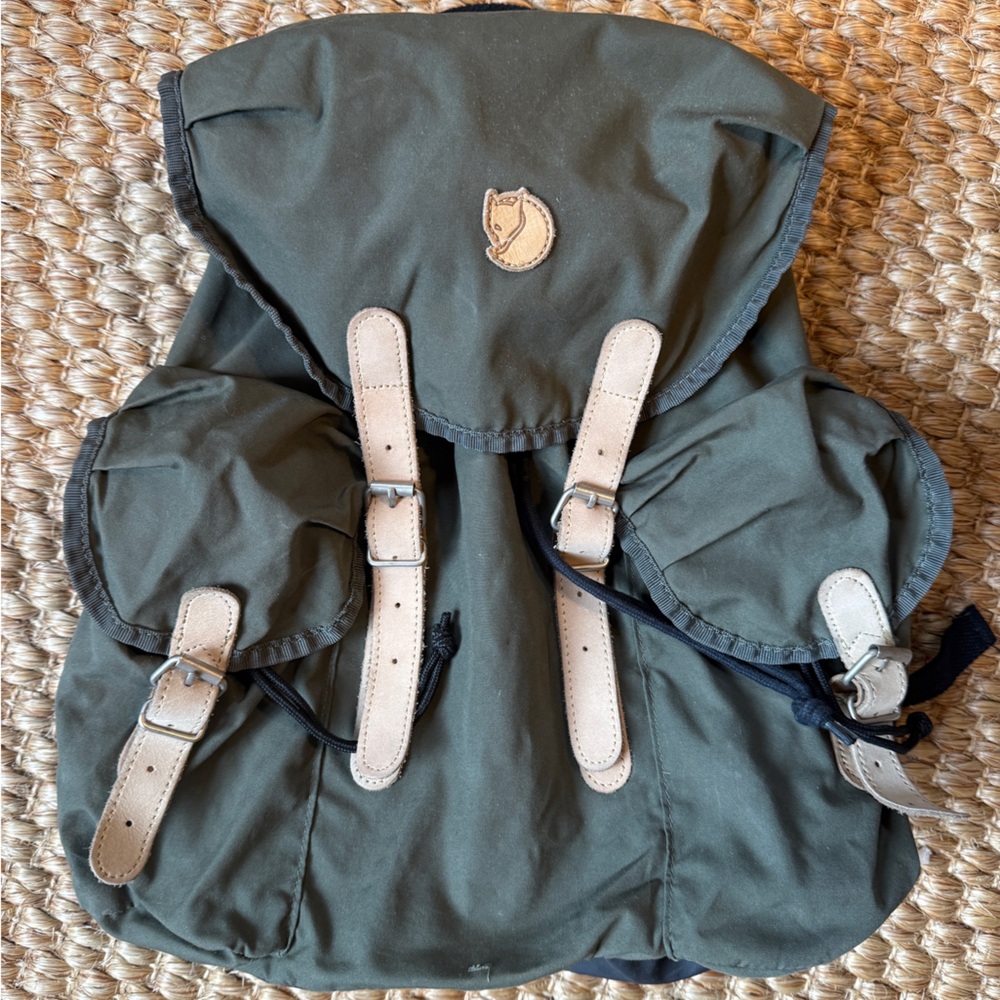 Fjallraven Green Backpack with Tan Straps